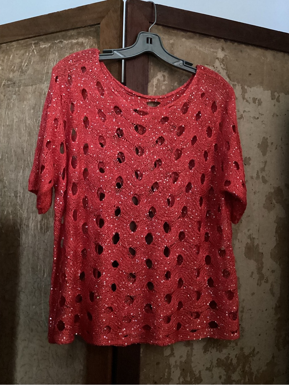 Red Sparkle Open-Knit Short Sleeve Top by